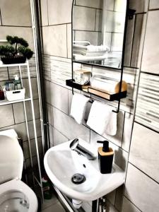 a bathroom with a sink and a toilet and a mirror at Très joli appartement à Puteaux centre ville in Puteaux