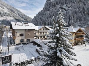 un árbol nevado frente a un lodge en Liz Hotel & Apartments, en Predazzo