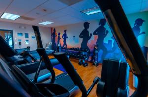 a gym with cardio equipment and a mural of men at Hyatt Place Atlanta Airport North in Atlanta