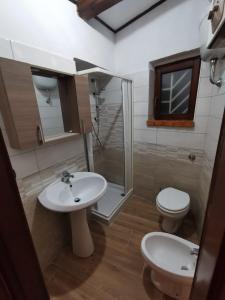 a bathroom with a sink and a toilet and a shower at Chalet di montagna in Trasacco