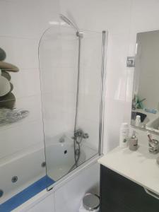 a shower with a glass door in a bathroom at Casa Hombre Blanco in Málaga