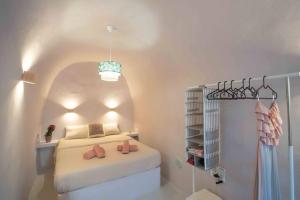a bedroom with a bed and a book shelf at Bird Nest-Santorini Cave houses in Fira