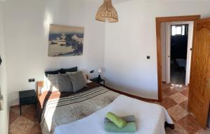1 dormitorio con 1 cama grande y espejo en Los Guindos, en Málaga