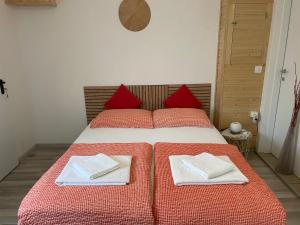 Schlafzimmer mit einem Bett mit roten Kissen und weißen Handtüchern in der Unterkunft Camera Enaj in Cadenazzo