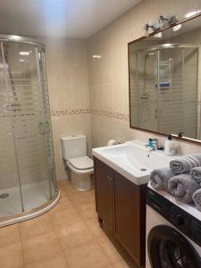 La salle de bains est pourvue d'un lavabo, d'une douche et de toilettes. dans l'établissement Apto en Campo Valle de Benasque 2 dormitorios Wifi, à Campo