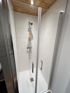 a shower with a glass door in a bathroom at Superbe appartement neuf avec Sauna privé & Terrasse vue sur la montagne in La Bresse