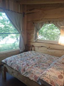 1 cama en una cabaña de madera con 2 ventanas en Posada Boutique- Casa de Campo Arroyo Huirihuiri en Aluminé