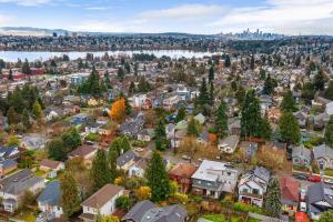 an aerial view of a town with houses and a river at Mid-Century Vibes Nest in Seattle