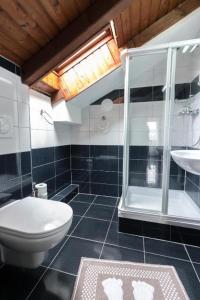een badkamer met een douche, een toilet en een wastafel bij Fantastik Ayaz Apartments in Ohrid