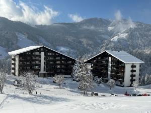 two buildings in the snow with mountains in the background at Alpendomizil Apfel in Mühlbach am Hochkönig