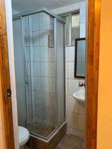 uma casa de banho com um chuveiro, um WC e um lavatório. em Residencial La Piramide em Iquique