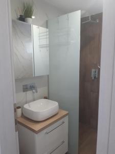 bagno bianco con lavandino e doccia di Tahtidis 3 a Xánthi