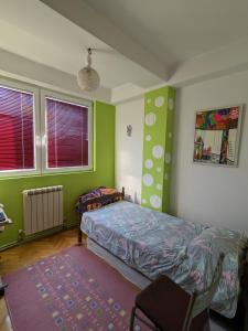 um quarto com paredes verdes, uma cama e um tapete em Artistica Apartment Skopje, 2 bdr em Skopje