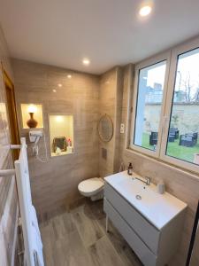 a bathroom with a sink and a toilet and a window at Magnifique maison entière, meublée tout confort et son jardin clos privé in Villeblevin