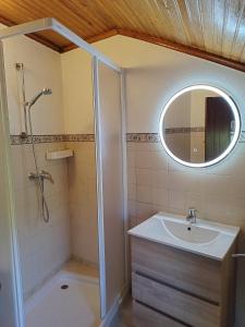 uma casa de banho com um chuveiro, um lavatório e um espelho. em Casa da Fonte em Alviobeira