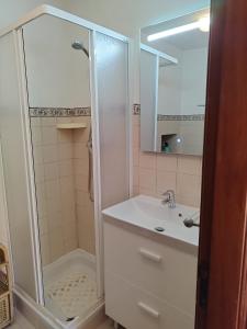 un bagno con doccia, lavandino e specchio di A Casa da Fonte a Alviobeira