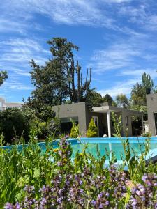 a house with a swimming pool and flowers at Bonita Pampa in Santa Rosa