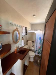 a small bathroom with a toilet and a sink at Beach Front Lofts, La Ventana in La Ventana