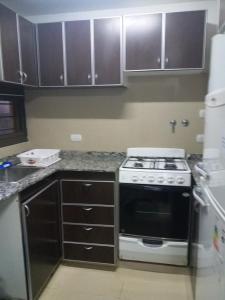 cocina con fogones y encimera en Mi Chalet Carlos Paz - Dúplex en Villa Santa Cruz del Lago