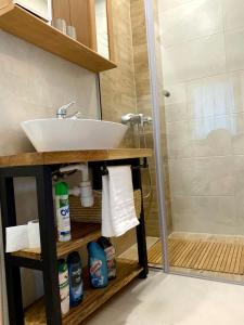 a bathroom with a sink and a shower at Holiday home with hot tube, near the river in Pokupsko