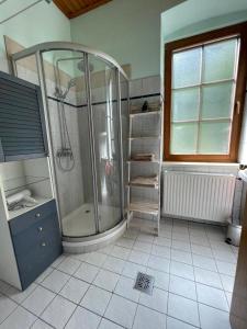 a bathroom with a shower and a tiled floor at Villa Ganzstein Appartement in Mürzzuschlag