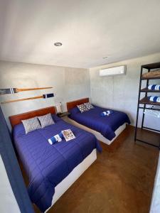 two beds in a room with blue sheets at Beach Front Lofts, La Ventana in La Ventana +69 photos