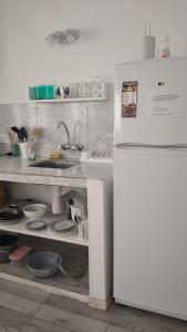 a small kitchen with a sink and a refrigerator at Alamo in Pinamar