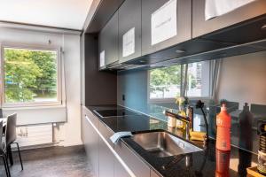 a kitchen with a sink and a counter top at Grubenmann Appartements - Sankt Gallen Centre in St. Gallen