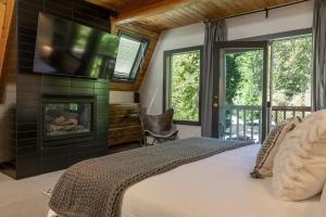 Schlafzimmer mit einem Bett, einem Kamin und einem TV in der Unterkunft Riverfront Cabin Sun Valley Area in Ketchum