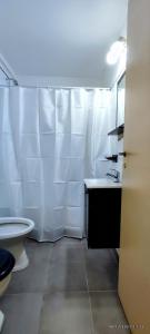 La salle de bains blanche est pourvue de toilettes et d'un lavabo. dans l'établissement Depto Microcentro exelente ubicación, à Mar del Plata