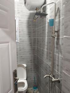 uma pequena casa de banho com WC e chuveiro em Dazzle Hotels and Apartments Riverpark em Rubuchi