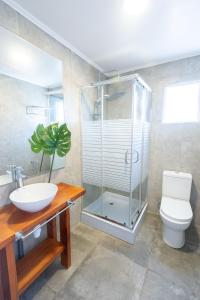 a bathroom with a glass shower and a toilet at Nolana hotel in Taltal