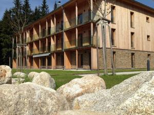 een gebouw met een bos rotsen ervoor bij Apartmán Medvědín 100 in Špindlerův Mlýn