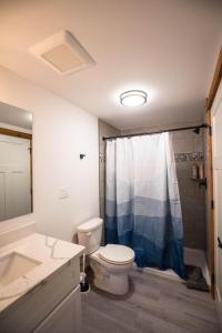 baño con aseo y cortina de ducha azul en Evergreen Cabin BY Betterstay, en Ashford