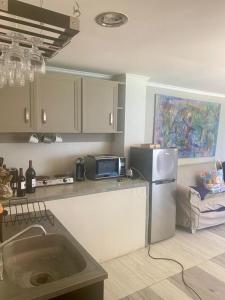 a kitchen with a sink and a refrigerator in it at Boutique Beachfront Hotel on Isla Contadora in Contadora