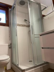 a bathroom with a glass shower with a toilet at Bellevue A; nr. 301. in La Tzoumaz