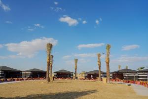 Al Marmoom Oasis “Luxury Camping & Bedouin Experience” في دبي: صف من أشجار النخيل على شاطئ به مباني