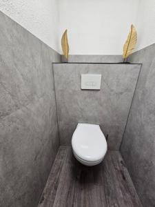 a bathroom with a toilet with two plants on the wall at Haus Mitten in Herzen von Günzburg in Günzburg