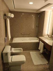 a bathroom with a toilet and a tub and a sink at White Plaza Hotel in Curitiba