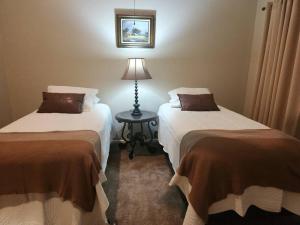 a hotel room with two beds and a lamp at Casita #5 @ Riverhill in Kerrville
