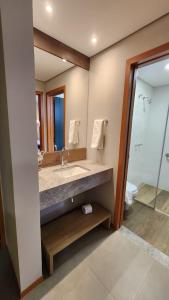 a bathroom with a sink and a mirror and a toilet at Flat Quinta Santa Bárbara in Pirenópolis
