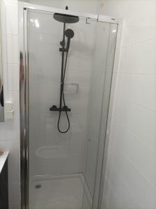 a shower with a glass door in a bathroom at Sal service Ibiscus Beach Ocean View Apartment in Santa Maria