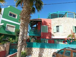 a colorful house with a palm tree in front of it at Sal service Ibiscus Beach Ocean View Apartment in Santa Maria