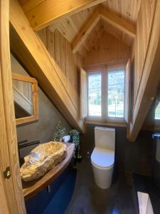 an attic bathroom with a toilet and a sink at Ca de Palomera Vall d’Aran in Les