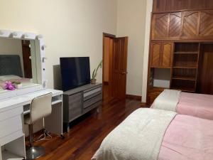 um quarto com uma cama, uma secretária e uma televisão em Casa Juan Gabriel em El Castillo