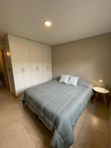 um quarto com uma cama e uma mesa em Acogedor departamento cerca del Parque de S. Martín y Arístides em Mendoza