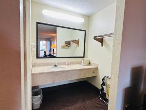 La salle de bains est pourvue d'un lavabo et d'un grand miroir. dans l'établissement Econo Lodge, à Kannapolis