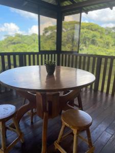 una mesa de madera con una maceta encima en Amazilia, en Heredia