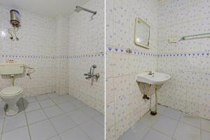two pictures of a bathroom with a toilet and sink at Collection O chamiers park in Chennai