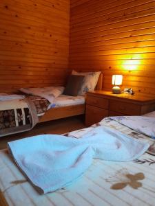two beds in a room with a wooden wall at ECO ViLLAGE CORIC in Mojkovac